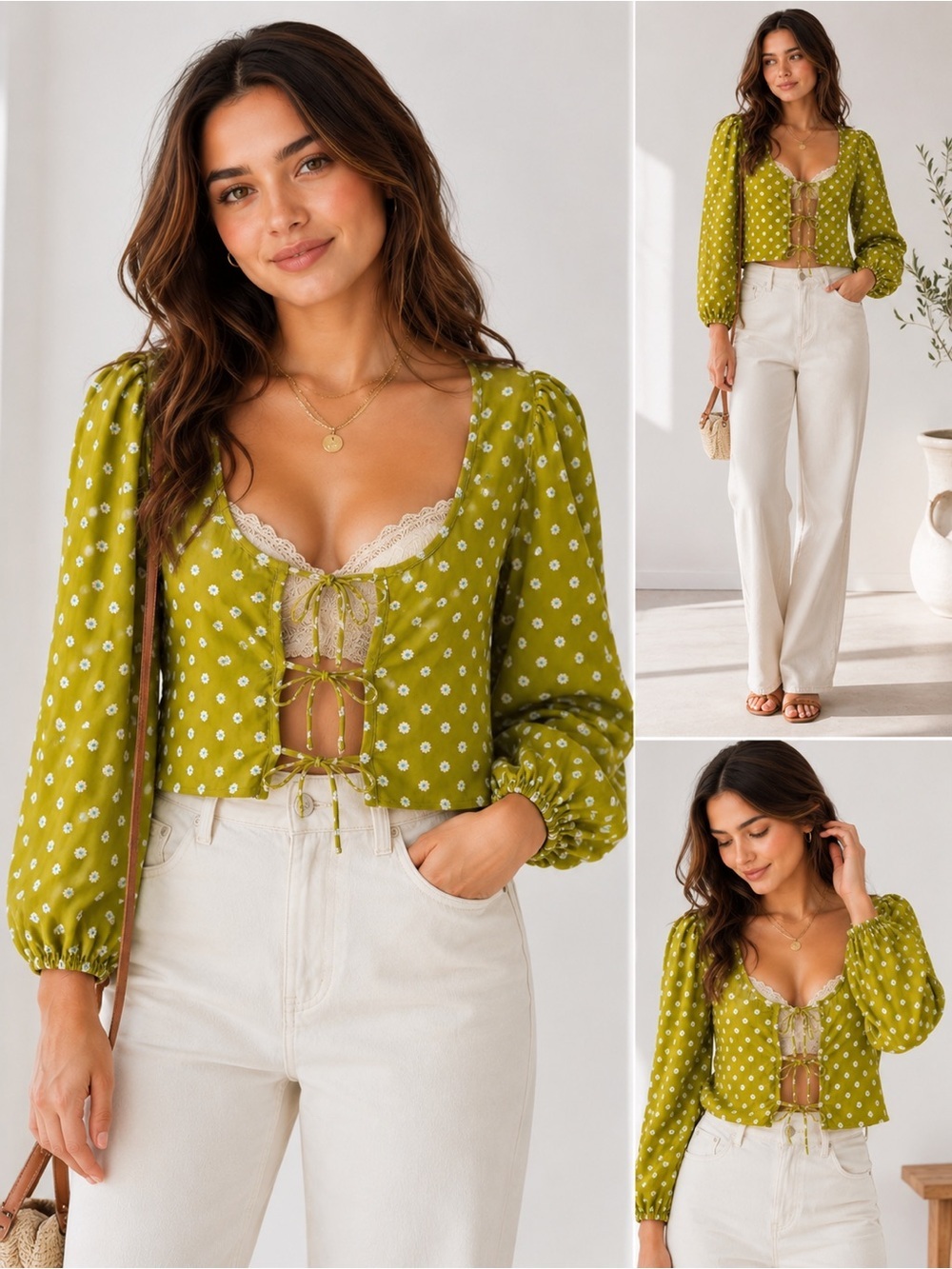 Olive Green Ditsy Floral Tie Front Cropped Cardigan Top Boho Cottagecore Sz S